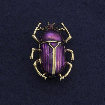 Scarab Beetle Brooch with Purple Enamel and Gold-Tone Metal, 24x33 mm