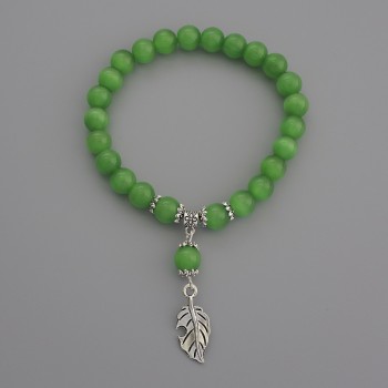 Green Cat's Eye Bracelet with Smooth Beads, 7 mm Diameter, 18 cm Stretch