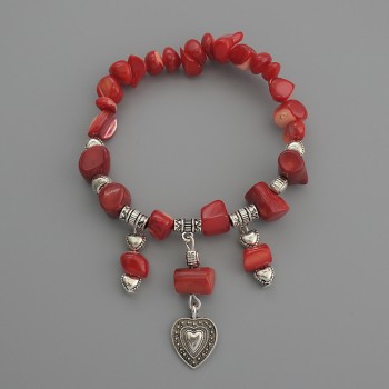Pearl Bracelet with Faceted Beads, diameter 6×8 mm ±; Coral Cylinder 12×7 mm ±; Length 18 cm Stretch