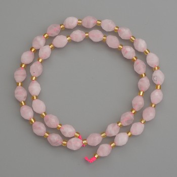 Beads of natural stone Pink quartz, faceted grain beads, diameter 8x6mm ±, with 3mm seed beads ±, length 38cm ±