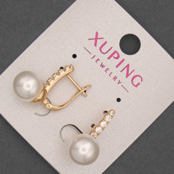 Xuping Earrings with White Crystals and Majorca Bead, Diameter 10 mm +/-, Length 20 mm +/-, 18K Gold Plating