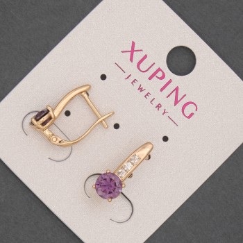 Xuping Earrings with White Crystals and a Purple Crystal, 6 mm diameter, 17 mm length, 18K Gold Plating