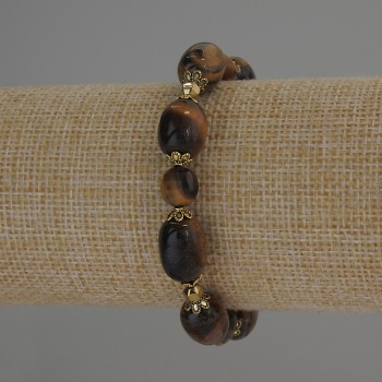 Tiger's Eye Barrel Bracelet, 14x10 mm faceted coin beads, 8 mm beads with metal inserts, 18 cm stretch
