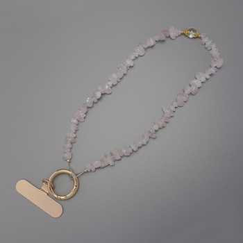 Phone holder chain keychain Pink quartz chip 4-9×2-5 mm, ring diameter 24 mm, length 24 cm