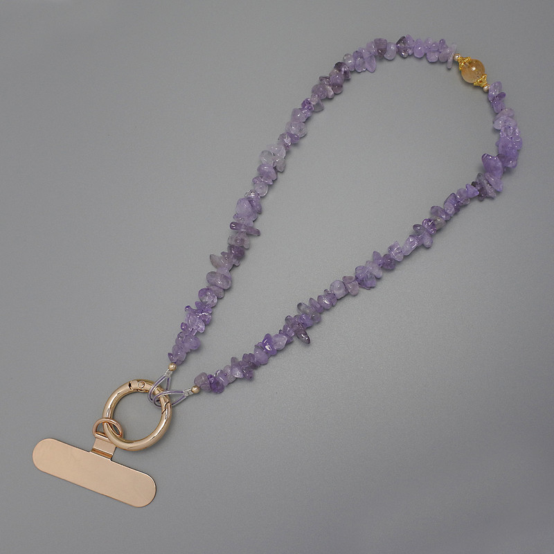 Phone charm with amethyst shard 7×2–3 mm + ring, 24 mm diameter, length 40 cm (bead length 37 cm)
