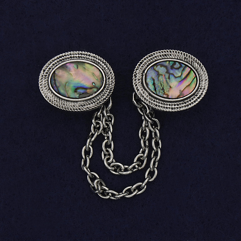 Brooch for cardigans Haliotis silver-toned metal, diameter about 18 mm, chain length about 9 cm