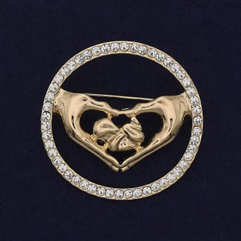 Брошка Серце білі стрази золотистий метал 38мм+