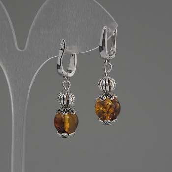 Amber ball earrings, diameter 10 mm +-, length 35 mm+-