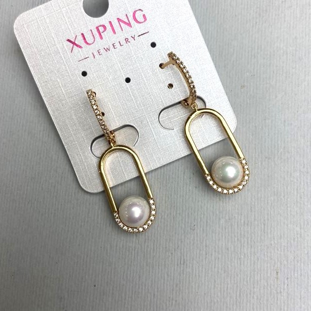 Xuping Earrings with White Crystals and Majorca Pearl, 8 mm diameter, 40 mm length, 18K Gold-Plated