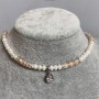Beige and white freshwater pearl choker with oval pearls, 5–6×5–4 mm, with pendant, length 38 mm, with a clasp and extender chain