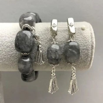 Rutilated Quartz Hair Quartz Faceted Bracelet and Earrings Set, 18x13 mm, approx 64 mm length, with metal inserts, bracelet length 18 cm, stretch