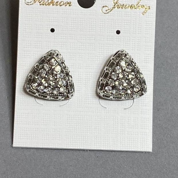 Triangular Stud Earrings 16 mm ± with White Crystals, Silver-Tone Metal