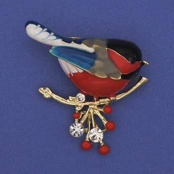 Brooch Bullfinch with enamel and white crystals, 48×38 mm ± gold-toned metal