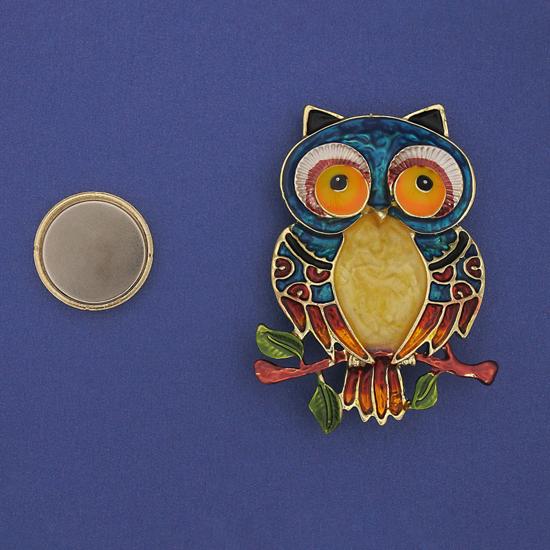 Owl Enamel Brooch on Magnetic Backing 55×40 mm ± Gold-tone metal