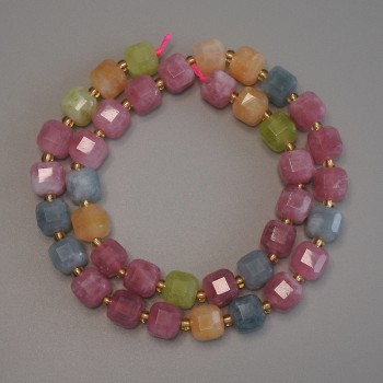 Tourmaline Beads Faceted Cube 7x7mm +/- with 3mm Seed Beads +/- on Thread, Length 38 cm+