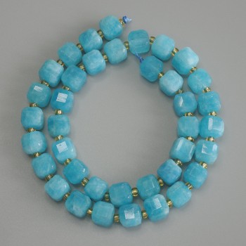 Aquamarine faceted cube beads, 8x8 mm diameter ± with 3 mm seed beads, length 37 cm ± on thread