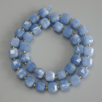 Aquamarine Beads, faceted cube shape, 8.5x8.5 mm, with 3 mm beads, length 37 cm on thread