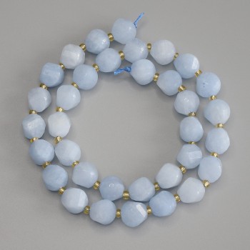 Aquamarine Beads, Faceted Diamond Shape, Diameter 10×8.5 mm, with 3 mm Seed Beads, 39 cm Length on Thread