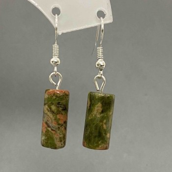Unakite (Heliotrope) Cylinder Earrings, diameter 8x17 mm, length 38 mm+
