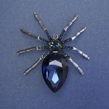 Spider Brooch with Blue Crystal, Blue Rhinestones, 65mm ± Silver-Toned Metal