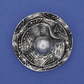 Brooch Accent Grey Pearl with Grey Crystals, Silver-Tone Metal 40mm+