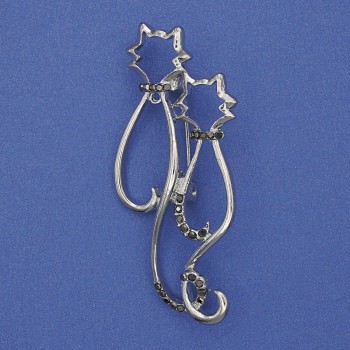 Cat Brooch with Gray Crystals, Silver Metal 58x26mm+