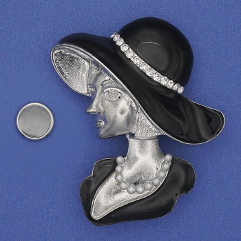 Magnetic Brooch: Girl in a Hat, white rhinestones, black enamel, silver-tone metal 53x45mm+
