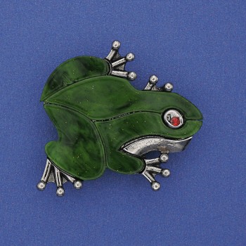 Frog Brooch Pendant with Mother-of-Pearl, Green Color, Crystals, Silvery Metal, 35x34mm+