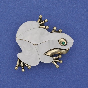 Frog Brooch-Pendant with Pearl White, Crystals, Gold-Tone Metal 35x34mm+