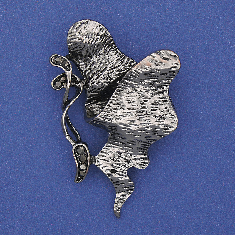Accent Brooch with Gray Rhinestones, Silver-Tone Metal 50x30mm+