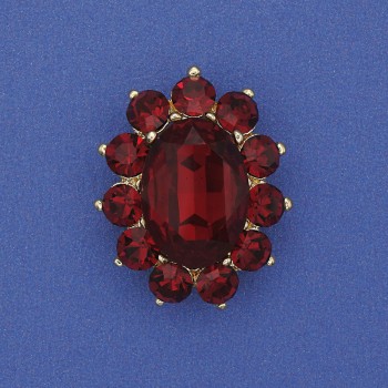 Accent Brooch with Red Crystal and Rhinestones, Golden Metal, 30x24mm+