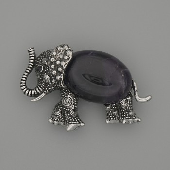 Elephant Amethyst Brooch-Pendant 45x27 mm ± black facets, silvery metal