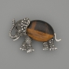 Brooch-Pendant Elephant with Tiger's Eye 45×27 mm ± Silvery Metal with Black Rhinestones