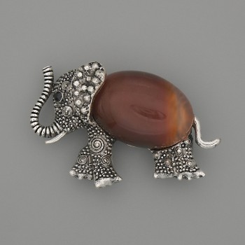 Brooch-pendant Elephant with Carnelian and Black Inlays, 45×27 mm, Silver-Toned Metal
