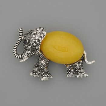 Brooch-pendant Elephant with Synthetic Amber and Black Rhinestones, Silver-Tone Metal, 45x27mm +/-