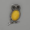 Owl brooch-pendant with artificial amber, 45×25 mm (±), black rhinestones, silver-tone metal