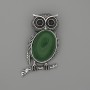 Brooch-Pendant Owl with Chrysoprase 45×25 mm ± black crystals, silver-tone metal