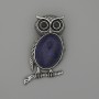 Owl Brooch-Pendant with Azurite, 45x25 mm ± Black Rhinestones, Silver-Tone Metal