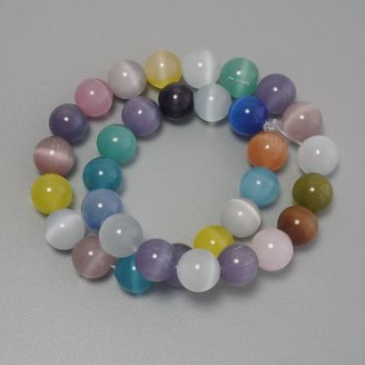 Cat's Eye Beads Multicolored Synthetic Stone Smooth Beads, 12mm Diameter ± on Thread, 37cm Length