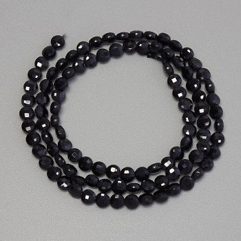 Beads of Black Tourmaline, Faceted Coin-shaped, 4 mm diameter on a thread, 39 cm length