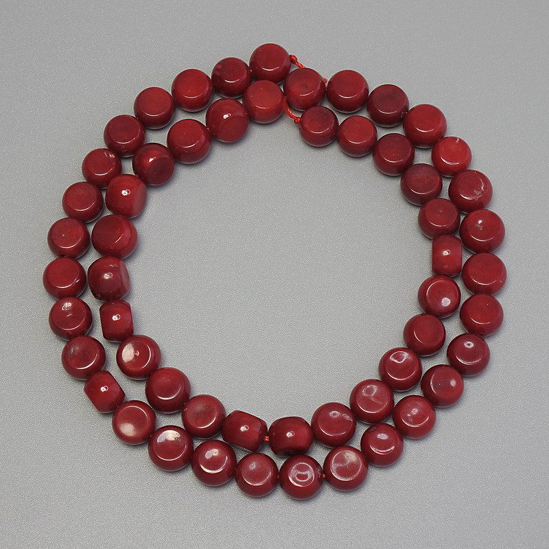 Red Coral Coin Beads, 7 mm diameter, 5 mm thickness, on thread, length 40 cm