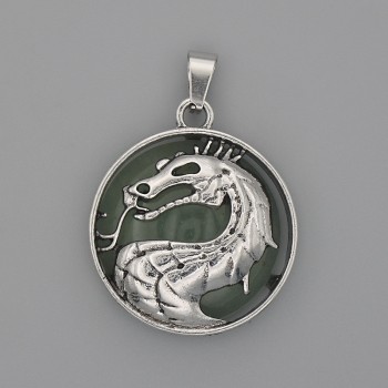 Pendant 'Dragon in a Circle' with Jade, diameter 28mm±, length 38mm±, silver-toned metal