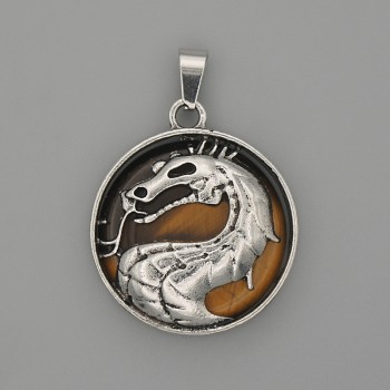Dragon in a Circle Pendant with Tiger's Eye, diameter 28 mm ±, length 38 mm ±, silver-tone metal