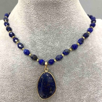 Choker with Lapis Lazuli - Faceted Beads 8x6mm +-, 3mm Beads +-, Length 41cm +-, Extender Chain +5cm, Pendant Lapis Lazuli 35x20mm+