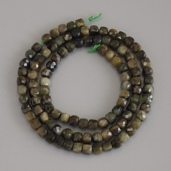Beads Green Tourmaline, Faceted Cube, 4x4 mm Diameter ± on Thread, Length 40 cm