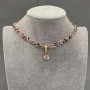 Tourmaline Bead Choker Cord with Faceted Bead 2mm, Width 6.5mm, Length 35mm, Extender Chain 5cm, Pink Crystal Pendant