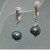 Earrings with graphite-colored freshwater pearls, diameter 9×7.5 mm, Variscite cube 2.5 mm, length 28 mm
