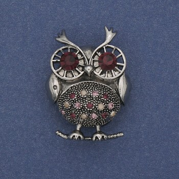 Owl Brooch-Pendant with Pink and Purple Crystals, Silver-Tone Metal 38x28mm+