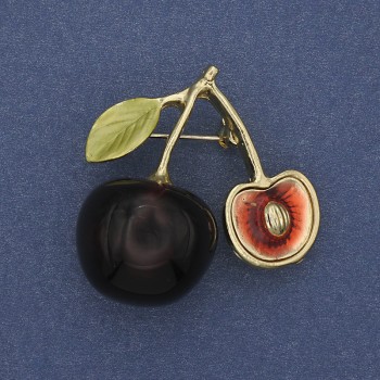 Brooch 'Cherries' with colored enamel and golden metal 37x37mm+