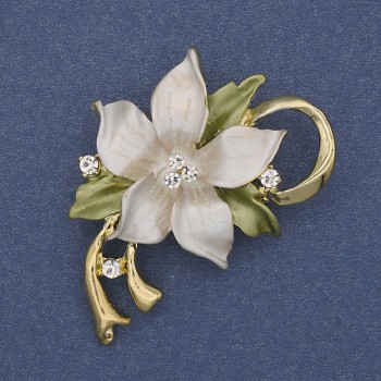 Flower Brooch-Pendant White and Green Enamel Crystals Gold-Toned Metal 50×42 mm+